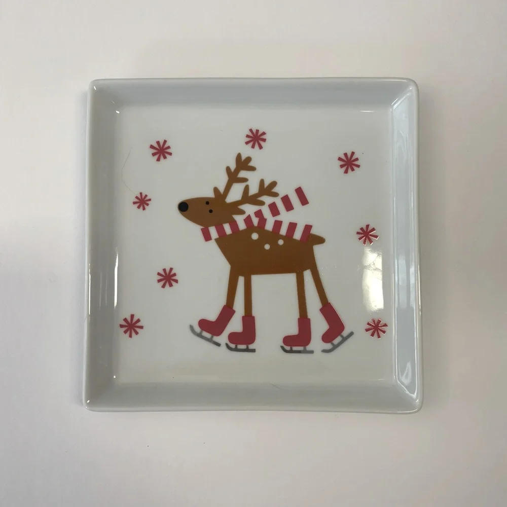 Crate & Barrel Skating Reindeer Square Ceramic Dish Christmas 6” x 6”